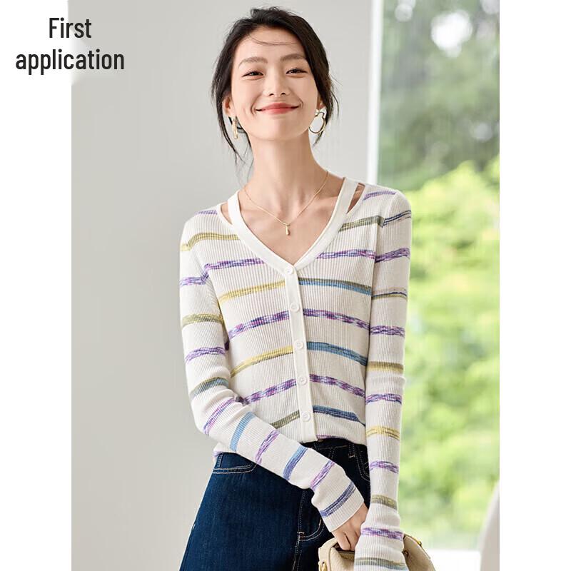 Chushen Damen V-Ausschnitt Colorblock Streifen Strickjacke