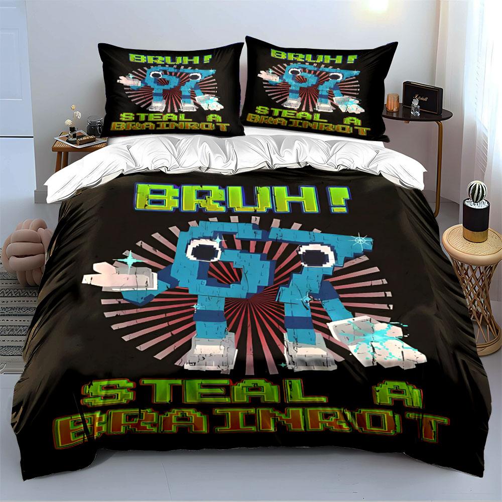 Bruh Robot Steal Brainrot Bedding Duvet Cover Set (1*Duvet Cover 2*Pillowcases, without duvet insert)
