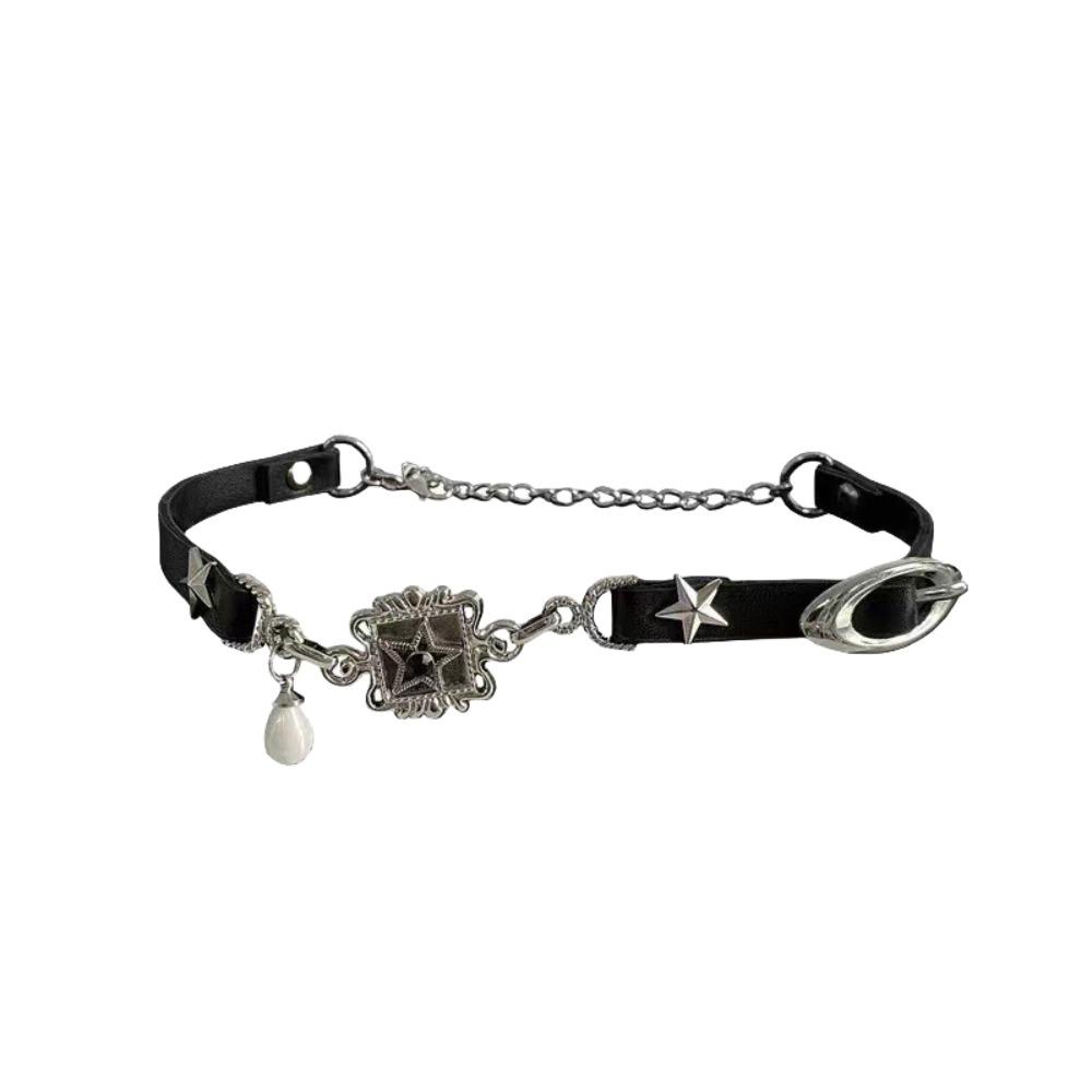 

Асимметричный Y2K чокер-звезда Металлическое ожерелье с подвеской из жемчуга Готический ПУ кожаный чокер На каждый день чёрный