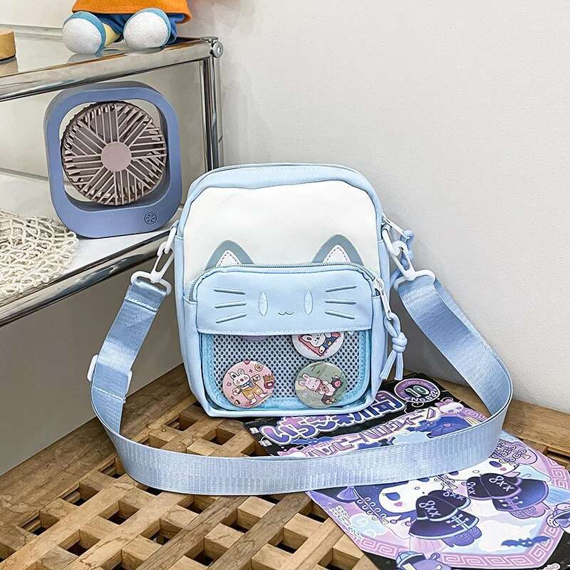 Y2K Cute Cartoon Cat Ita Shoulder Bags Mini Women Casual Crossbody Bag Kawaii Girls Transparent Pocket DIY Display Nylon Handbag