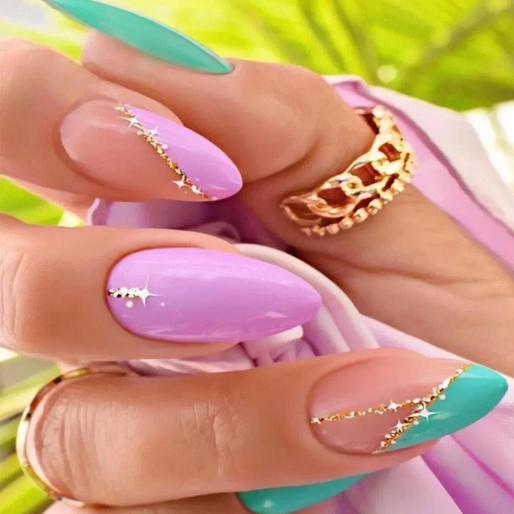 24Pcs Long Almond Press On Nails French Pink Wave Line Design Detachable Fake Fingernails Manicure Tips