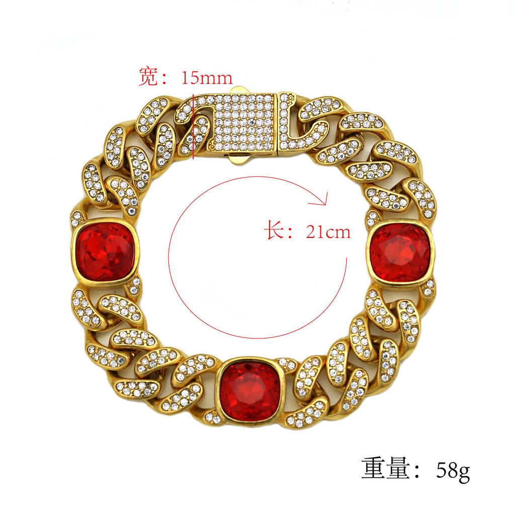 New Hip Hop Full Diamond Colored Gemstone Bracelet, Personalized Fashion, Light Luxury Titanium Steel Necklace Jewelry