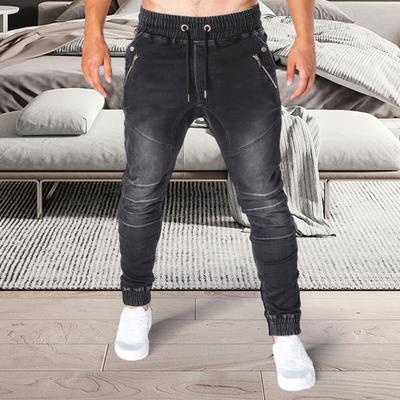 Men Jeans Solid Color Pockets Summer Washable Ankle Tied Denim Pants Streetwear