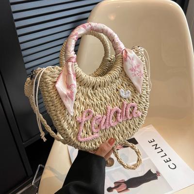 Bolso de Paja con Alfabeto de Gran Capacidad Cesta de Verano Bolso Tote Tejido Bolso Cruzado para Playa y Vacaciones
