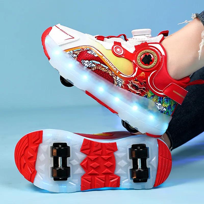 Children Four Wheels Luminous Glowing Sneakers Black Pink Led Light Roller Skate Shoes Kids Led Shoes Boys Girls USB Charging