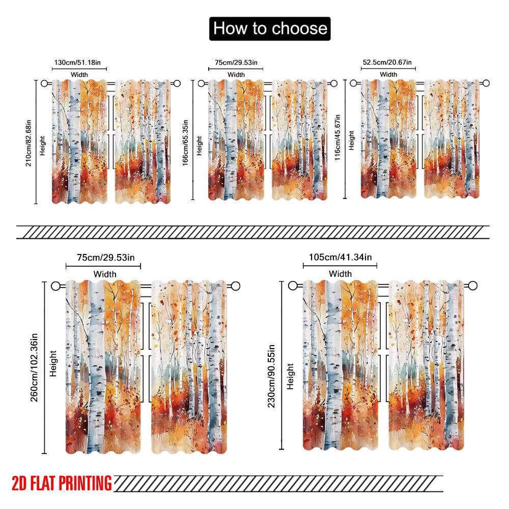2pcs,2D plane printing Popular Curtain Panels Autumn Birchwoods Versatile Durable Polyester (without rod) Festive for Bedroom,