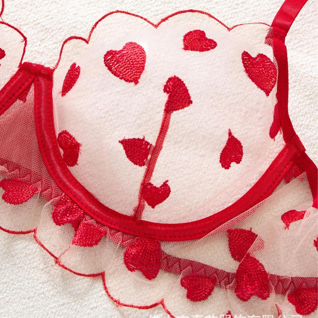 Red Heart Embroidered Mesh Lingerie Set - Sexy Push-up Bra with Anti-sag Support, Desire Style 203