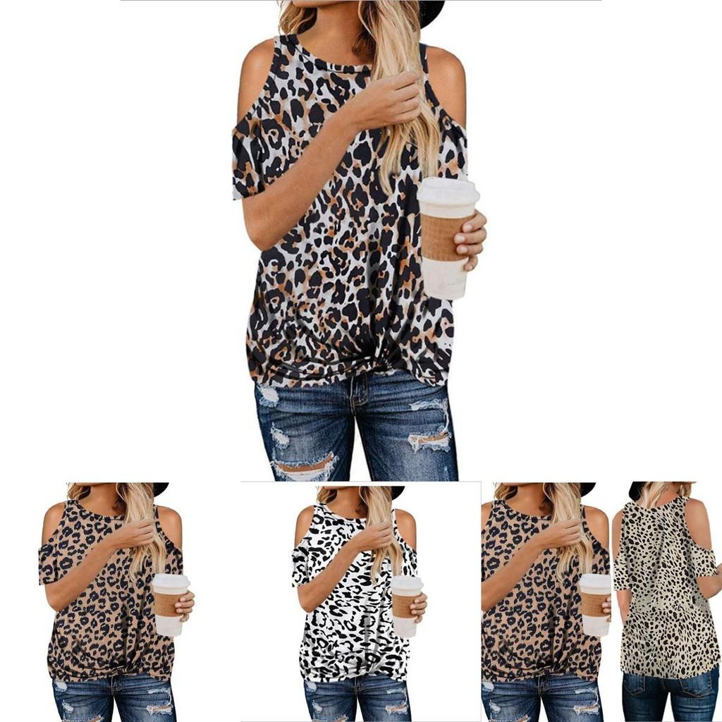Elegante T-shirt da Donna con Stampa Leopardata e Design Cold Shoulder Perfetta per l'Estate