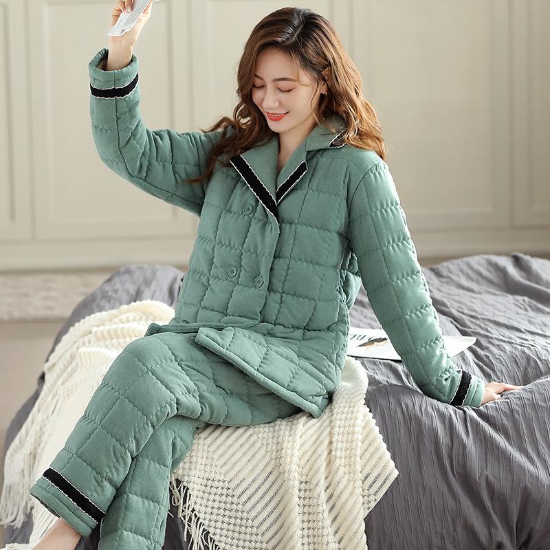 Pajamas Women'S Winter Three-Layer Thickened Fleece Coral Fleece Padded Cotton Women'S Flannel Winter Padded Jacket Loungewear Set