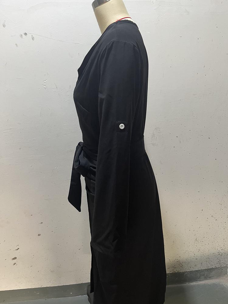 2024 Autumn Solid Color Lapel Waist Tie Slit Dress for Women