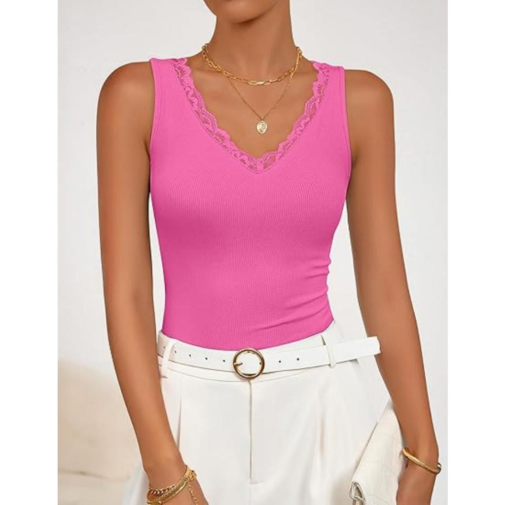 Summer Women's V-Neck Ribbed Knit Cami Top Lace Trim Sleeveless Casual Vest for Spring Outdoor Wear