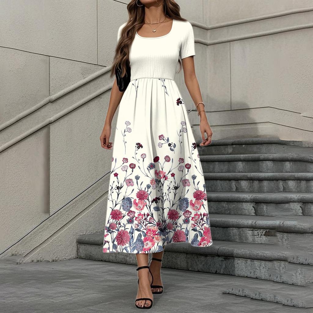 Women's Fashion Casual Short Sleeve Round Neck Splicing Floral Print Elegant Temperament Dress