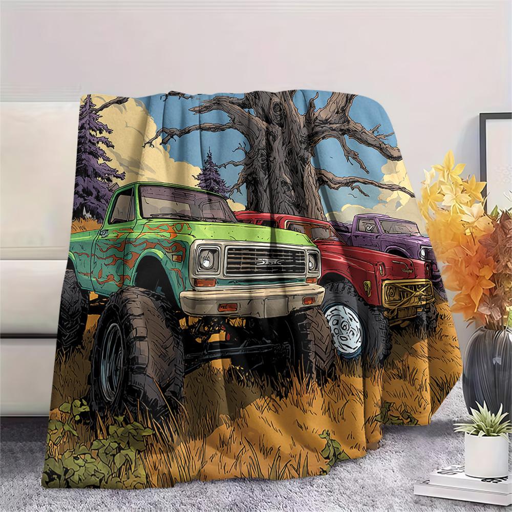 Truck Print Flannel Blanket, High Quality Comfortable for All Seasons, Home Decor, Warmth and Comfort, Perfect for Christmas Gifts