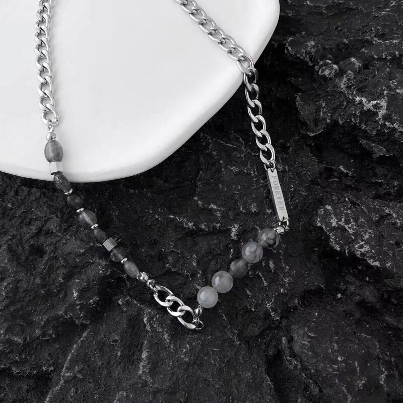 Stainless Steel Gray Color Glass Beaded Choker Necklaces for Women Men Personality Hiphop Necklaces All Saints' Day Jewelry Gift