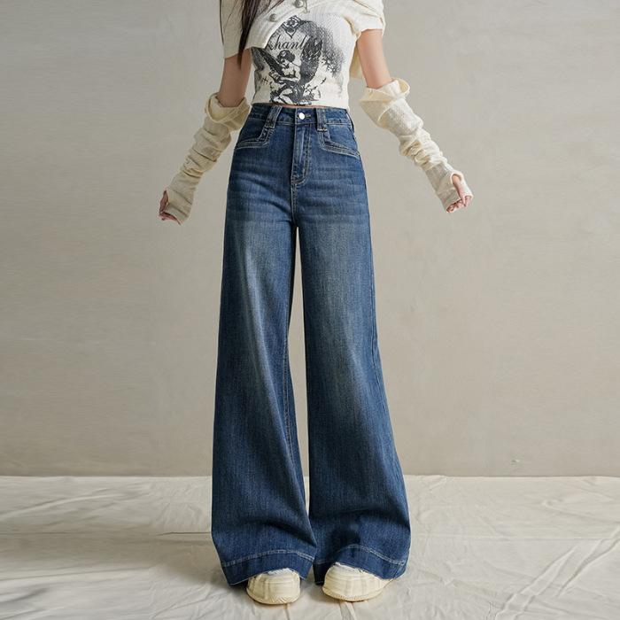 Retro Non-stick Leg Slightly Pulled Jeans Women's Autumn American High Waist Drape Niche Front Pocket Cover Hip Wide Leg Flared Pants