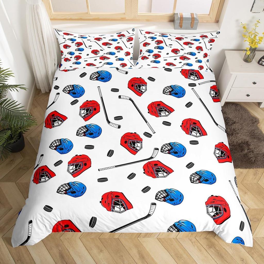 Ice Hockey Duvet Cover Twin Queen for Kids Boys Girl Young Man Winter Ice Sports Games Comforter Cover Helmet Skates Bedding Set
