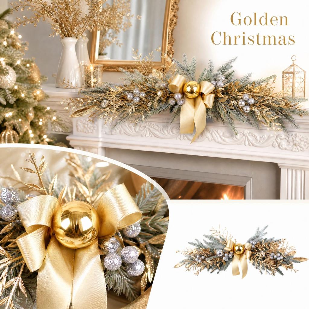 Christmas Gold Ball Wreath with Dried Branches, Gold Decoration Set for Door and Wall Hanging