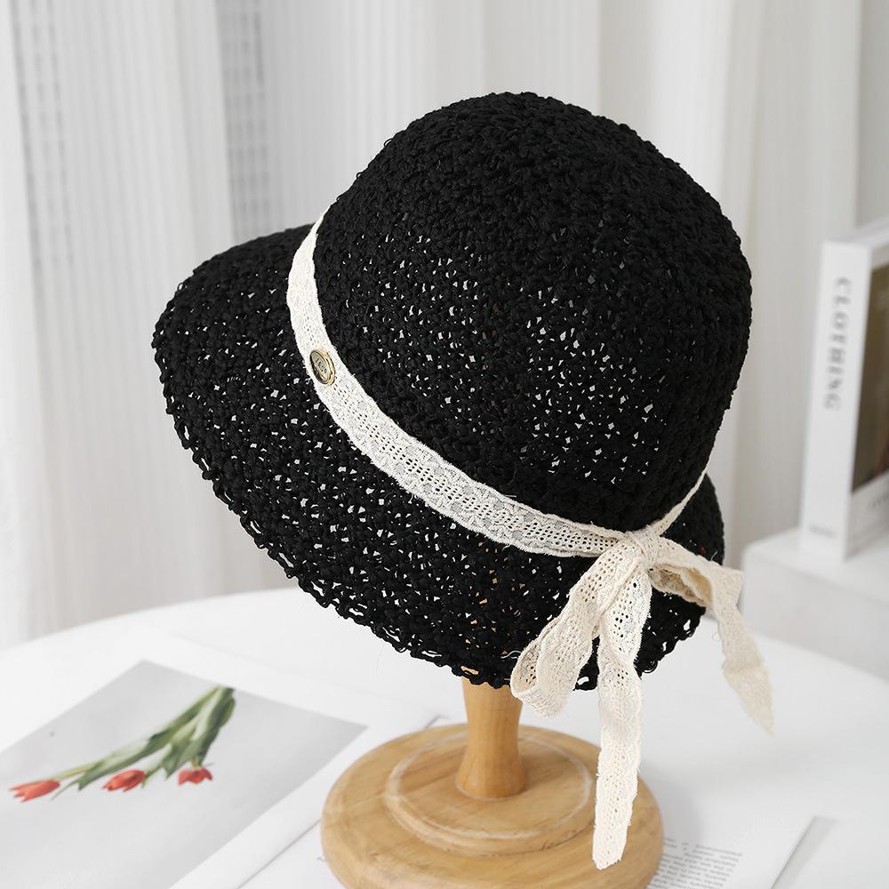 New trendy small fresh big brim women's beach hollow knitted small standard hat simple women's sunshade sunscreen hat