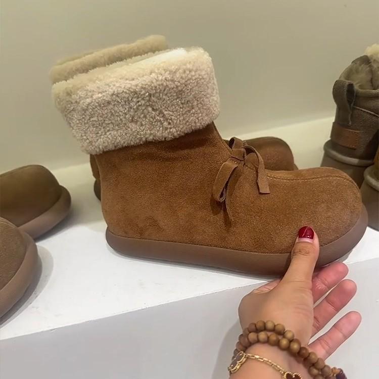 Cowhide version~ fur integrated fleece warm wool cotton boots women's retro wind short boots bow non-slip snow boots