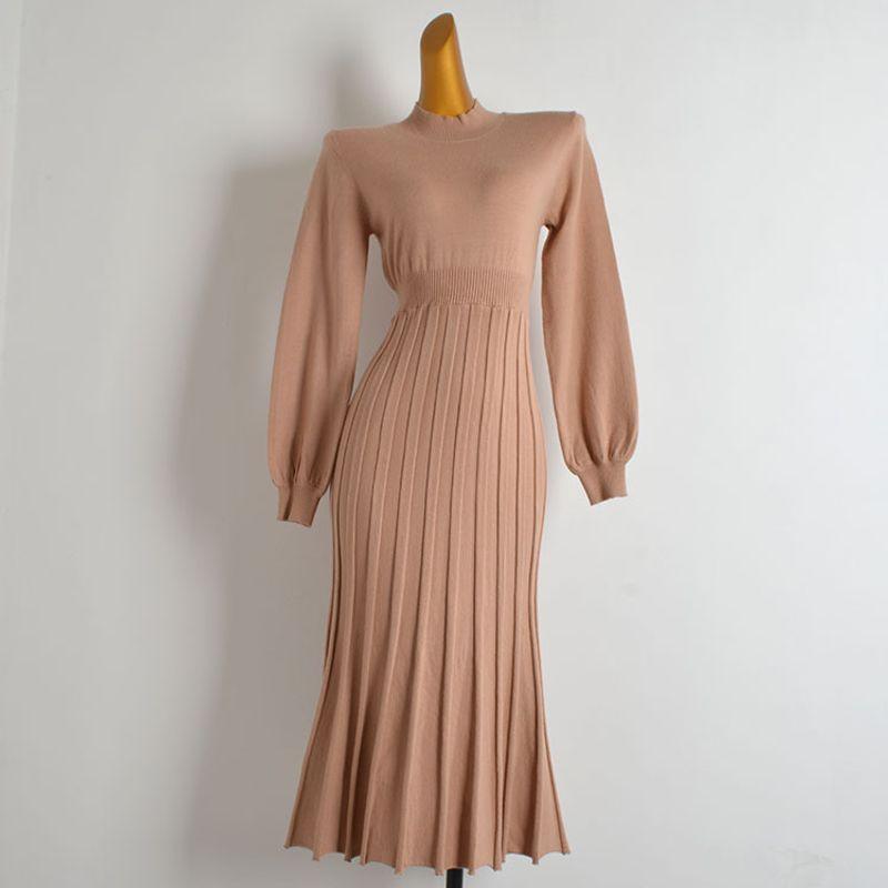 Foreign Trade Original Order New Solid Half-high Collar Long Sleeve Knitted Dress Women Clothes Waist Slimming Over the Knee Pleated Long Dress