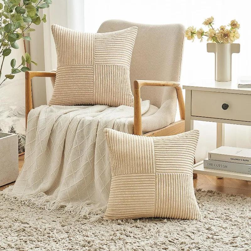 Beige Throw Pillow Covers 18x18inch 45x45CM Solid Corduroy Striped Cross Patchwork Textured Cushion Covers Home Decor for Couch