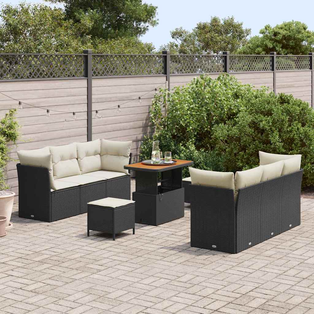 9 Piece Black Poly Rattan Garden Sofa Set with Cushions