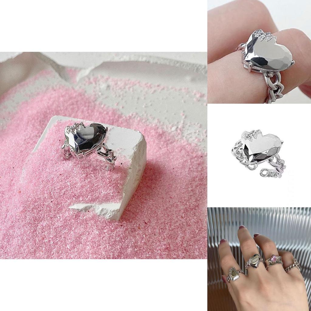 Elegant Korean Style Adjustable Heart Shaped Ring With Geometric Design For Women