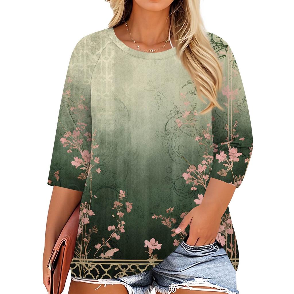 Women's Fashion Casual Print Round Neck 3/4 Sleeve T-Shirt Top