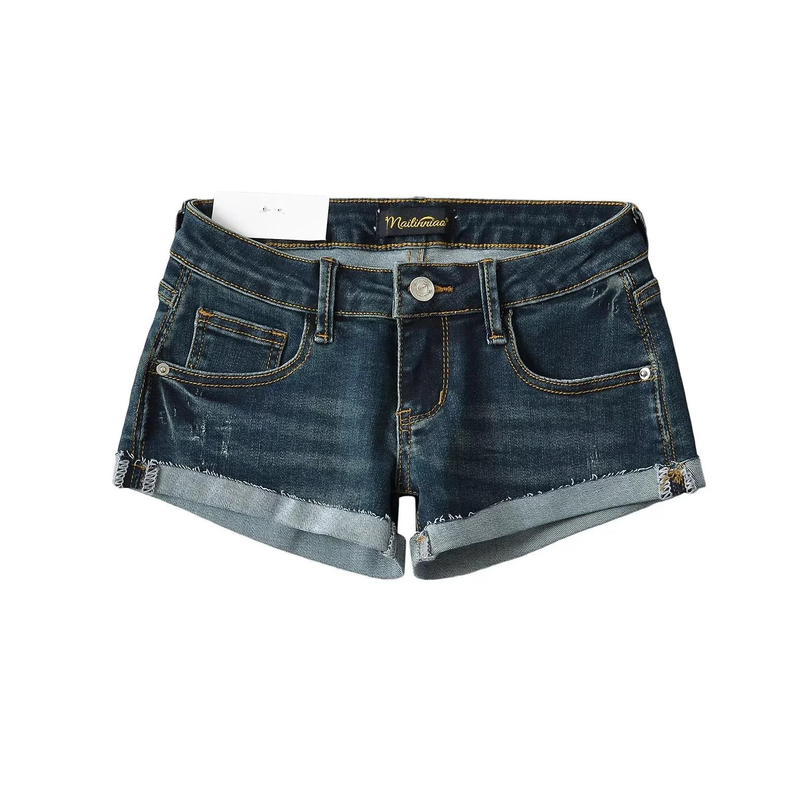 

Женские летние джинсовые шорты с низкой посадкой, облегающие фигуру - Эластичные, Облегающие, Универсальные, С подвернутым краем Large темно-синий