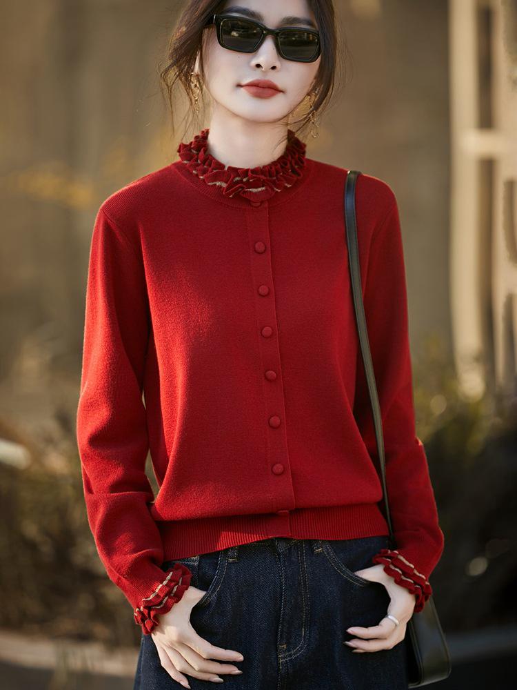French Wool Knit Cardigan with Faux Two-Piece Design - Women's Autumn/Winter Outerwear Sweater