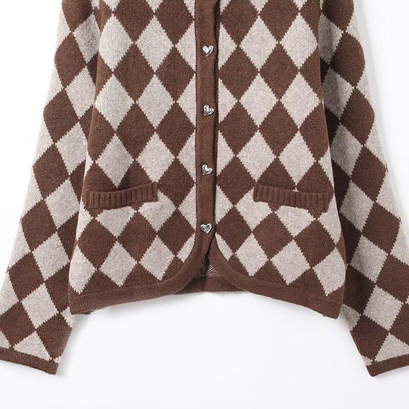  European and American style new women's fashionable versatile cross-border comfortable diamond-patterned jacquard knit jacket