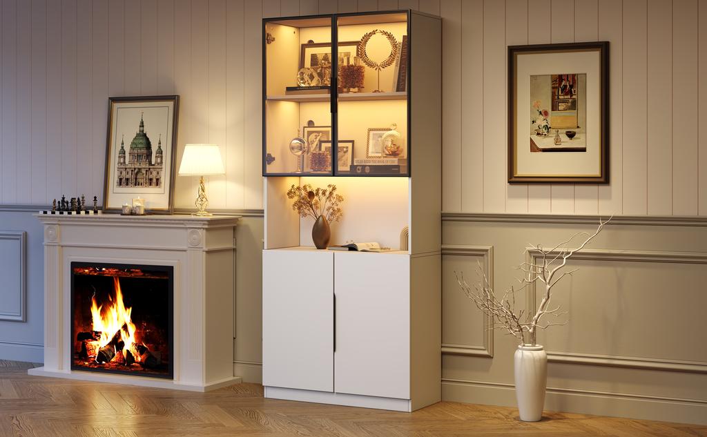 Vetrina minimalista con ante in vetro, luci LED, libreria per oggetti da collezione, temperatura colore e luminosità regolabili, bianco 80*30*200cm