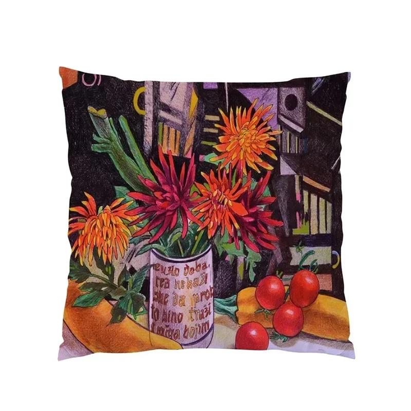 Retro Oil Painting Fruits And Vegetables Pepper Flower Pattern Pillowcase Car Living Room Sofa Decoration Pillowcase 45*45Cm