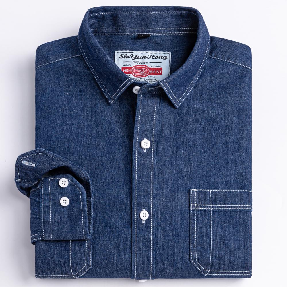 Man 100% Cotton Western Denim Pocket Shirt Long Sleeve Standard-fit Comfort Durability Soft Casual Washed Durability Work Shirts