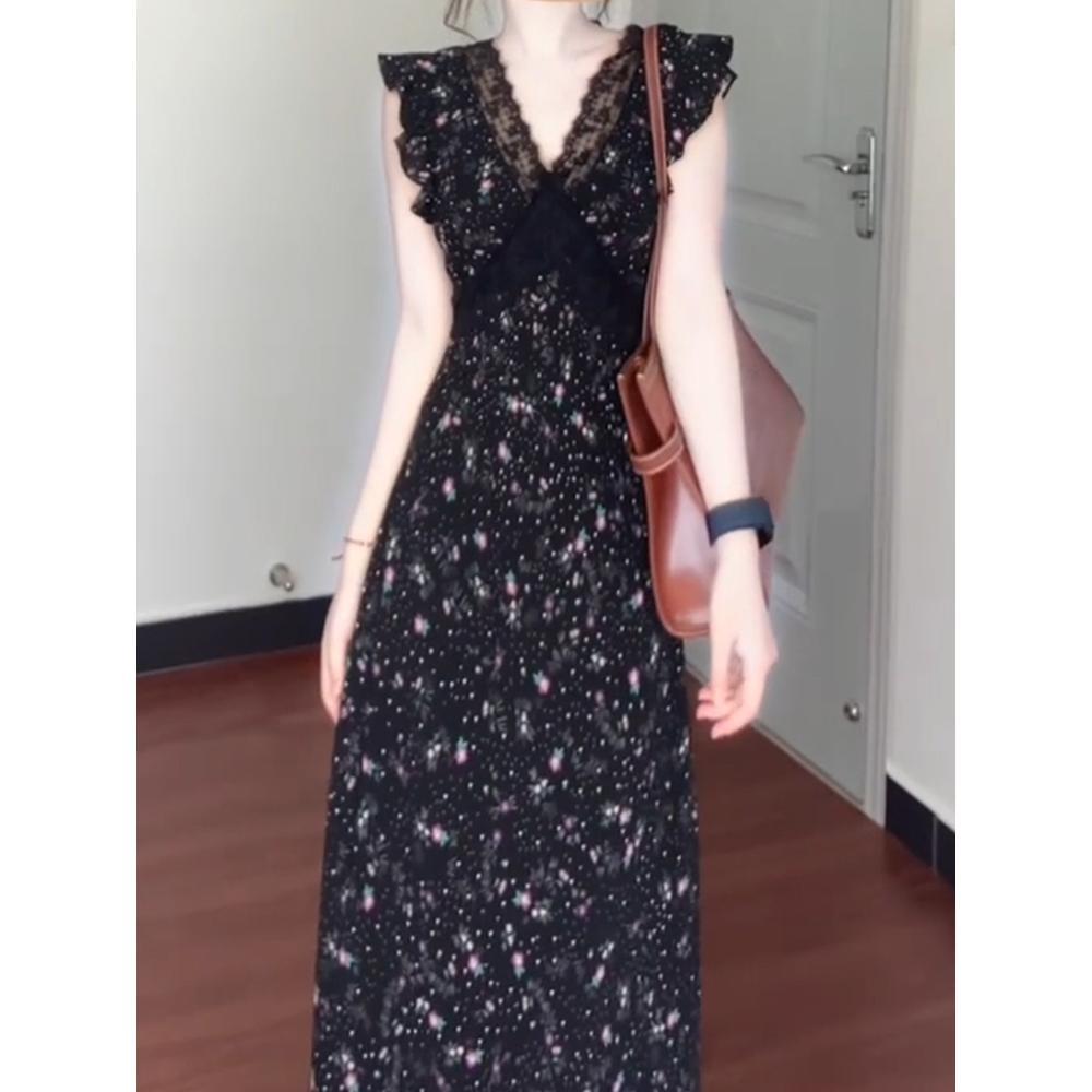 

Платье-сарафан Xiaofei с рукавами, черное, цветочное, детское летнее повседневное новое кружевное платье с темпераментом XL- (recommended 110-60kg)