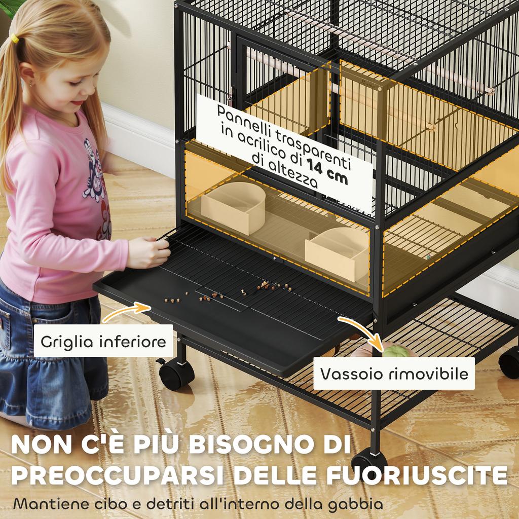 Bird Cage with Bottom Shelf, Removable Tray and Grid, Steel and PP, 48x46x83 cm, Black