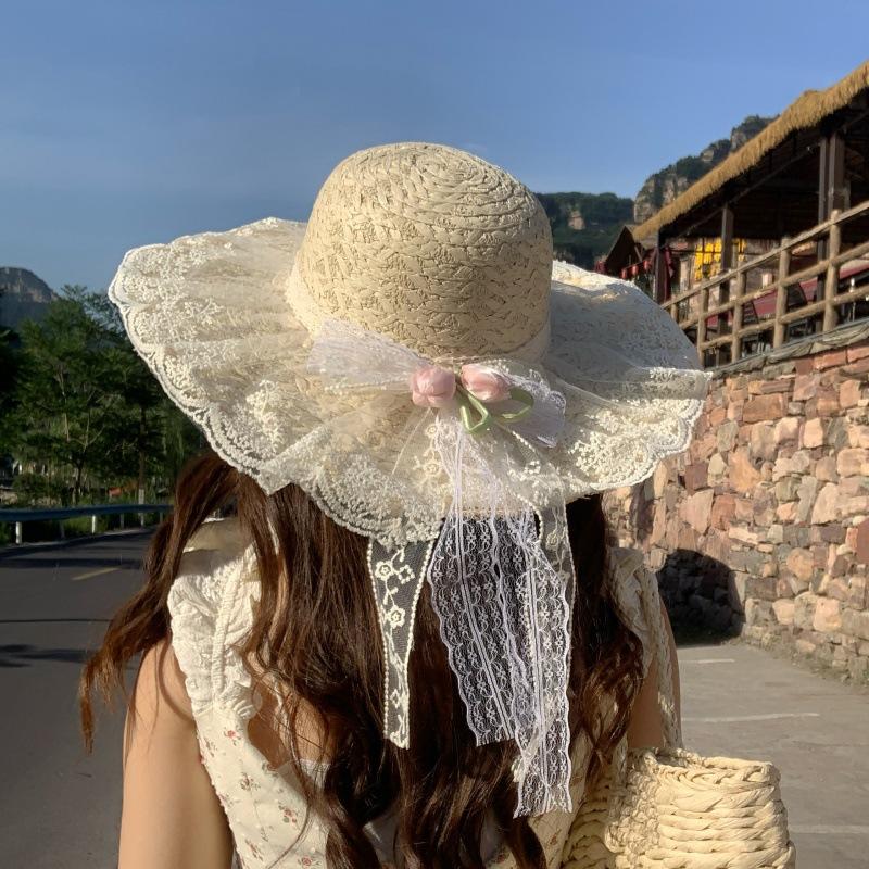 Small Fresh Pastoral Sweet Bow Sun Hat Children Beige Straw Hat Straw Hat Versatile Summer Photo