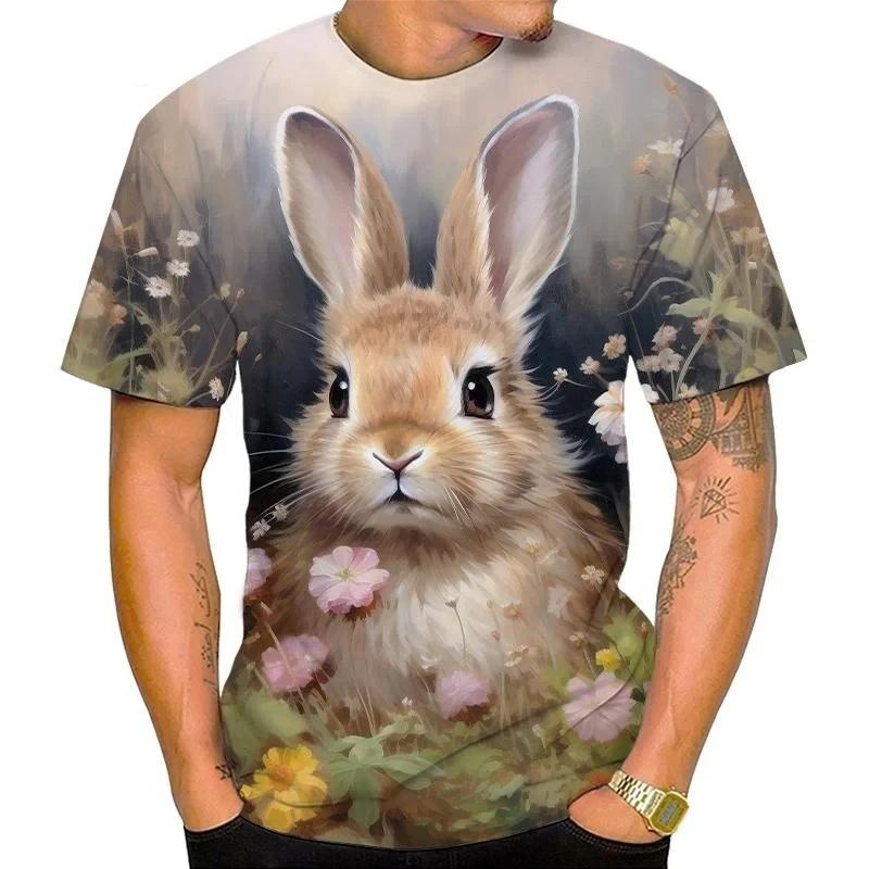 Cute Animal Rabbit Pattern T Shirt For Men Flower 3D Printed Tees Summer Casual Round Neck Tops Unisex T-Shirts Short Sleeves