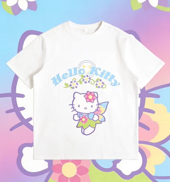 

Лето 2026 100% Хлопок Sanrio Hello Kitty С принтом Повседневная Свободная Футболка Родитель-ребенок Винтаж Харадзюку Топ 52TOYS Коллаборация S