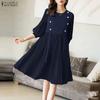ZANZEA Women Casual Round Neck Summer 3/4 Sleeve Pleated Dress