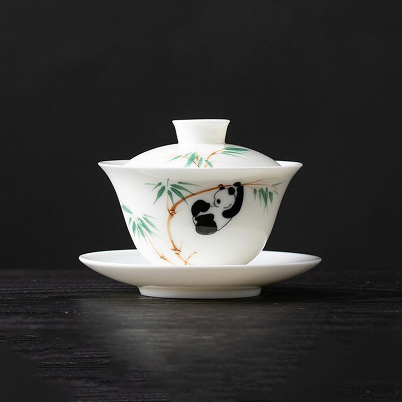 

Chinese Handmade White Porcelain Gaiwan Hand-painted Panda Ceramic Teacup Travel Portable Tea Bowl Household Tea Set Accessories