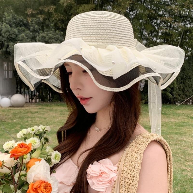 Elegant Sun Hat For Women Paper Straw Breathable And Foldable Lace Bowknot Wide Brims Panama Hat for Camping Travel