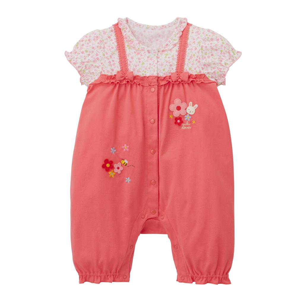 Shortall Short Floral Made In Baby Pink [Miki House] Romper, Sleeve, 3/4 Length, Pattern, Rabbit, Japan, Girls, Baby, Kids, Clothes, Infant,