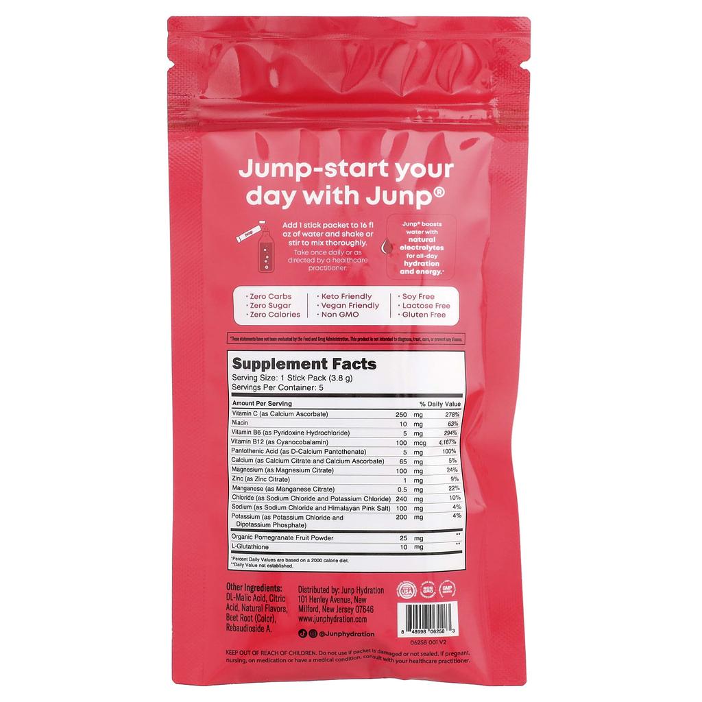 JUNP Hydration, Electrolyte Powder Mix, Wild Berry, 5 Stick Packs, 3.8g (0.13oz) Each