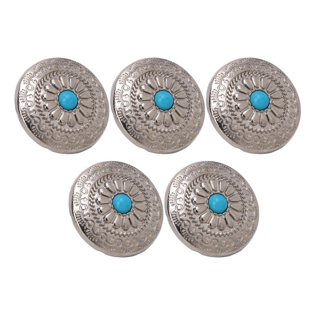 5 Sets Screw Back Button Silver Flower Blue Turquoise 30mm Round Shape Conchos with 4.5mm Screws for Leather Crafts