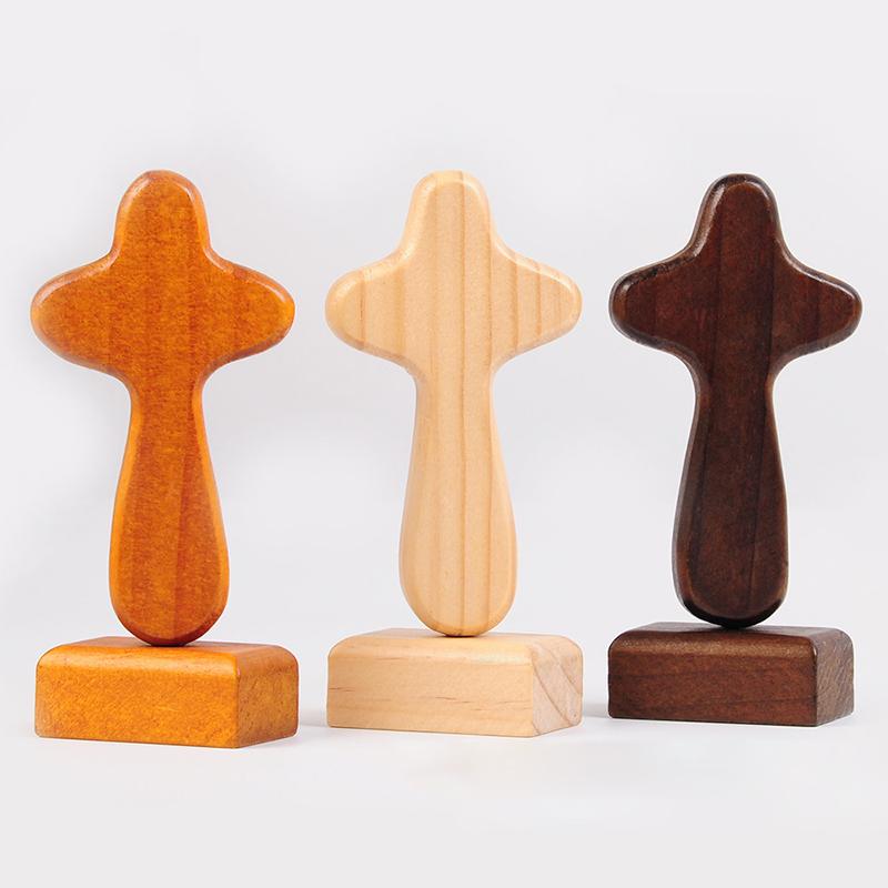 Magnetic Base Wood Cross Statue Handicraft Vintage Cross Ornament Portable Standing Crosses Figurine Office Desktop