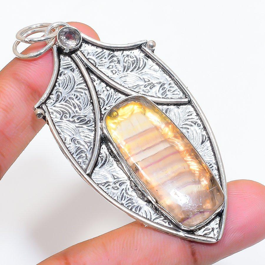 Natural Fluorite, Topaz Gemstone 925 Sterling Silver Jewelry Pendant 2.96" ZS-500