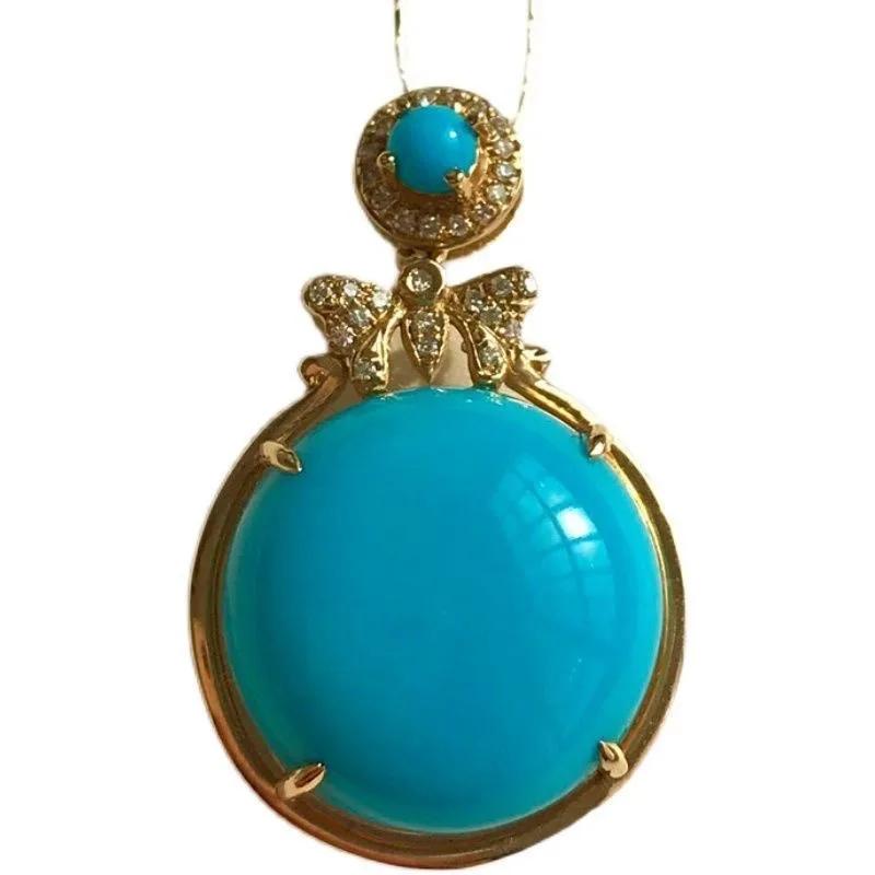 Retro Exquisite Blue Butterfly Circular Pendant Design Court Style Turquoise Necklace Inlay Diamonds Banquet Fine Jewelry