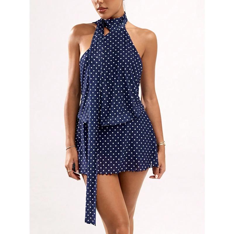 European and American temperament women's clothing polka dot sleeveless neck waist dress sexy backless mini mesh skirt