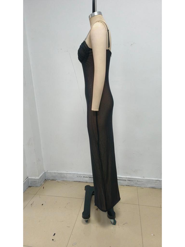 European and American Rhinestone Spaghetti Strap Mesh Evening Gown - Sexy Slim Fit Hip Hugger Skirt for Nightclub and Banquet Parties
